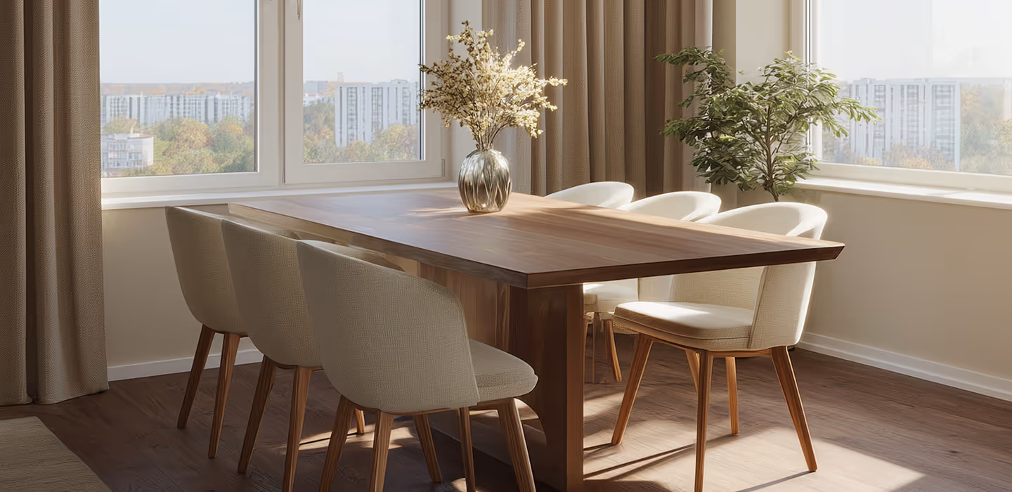 A stylish dining room with six chairs and an expansive horizon view, emphasizing open-concept architecture that blends interior comfort with breathtaking scenery.